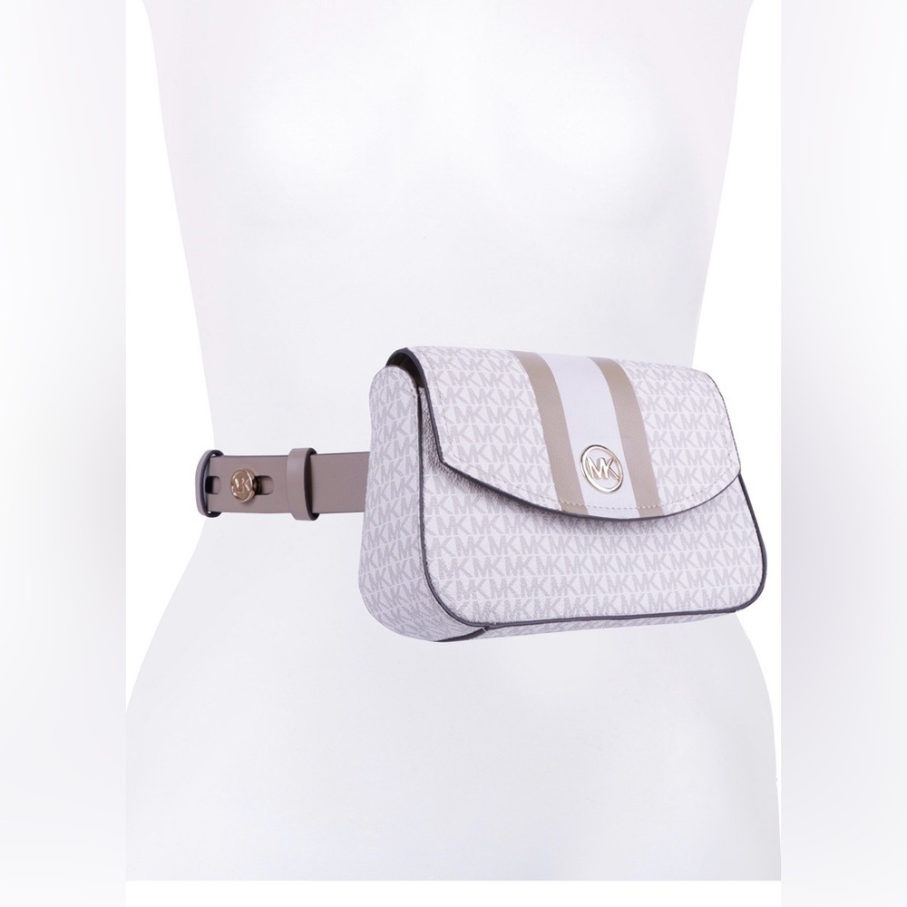 Michael Kors White and Taupe Monogram Crossbody Belt Bag